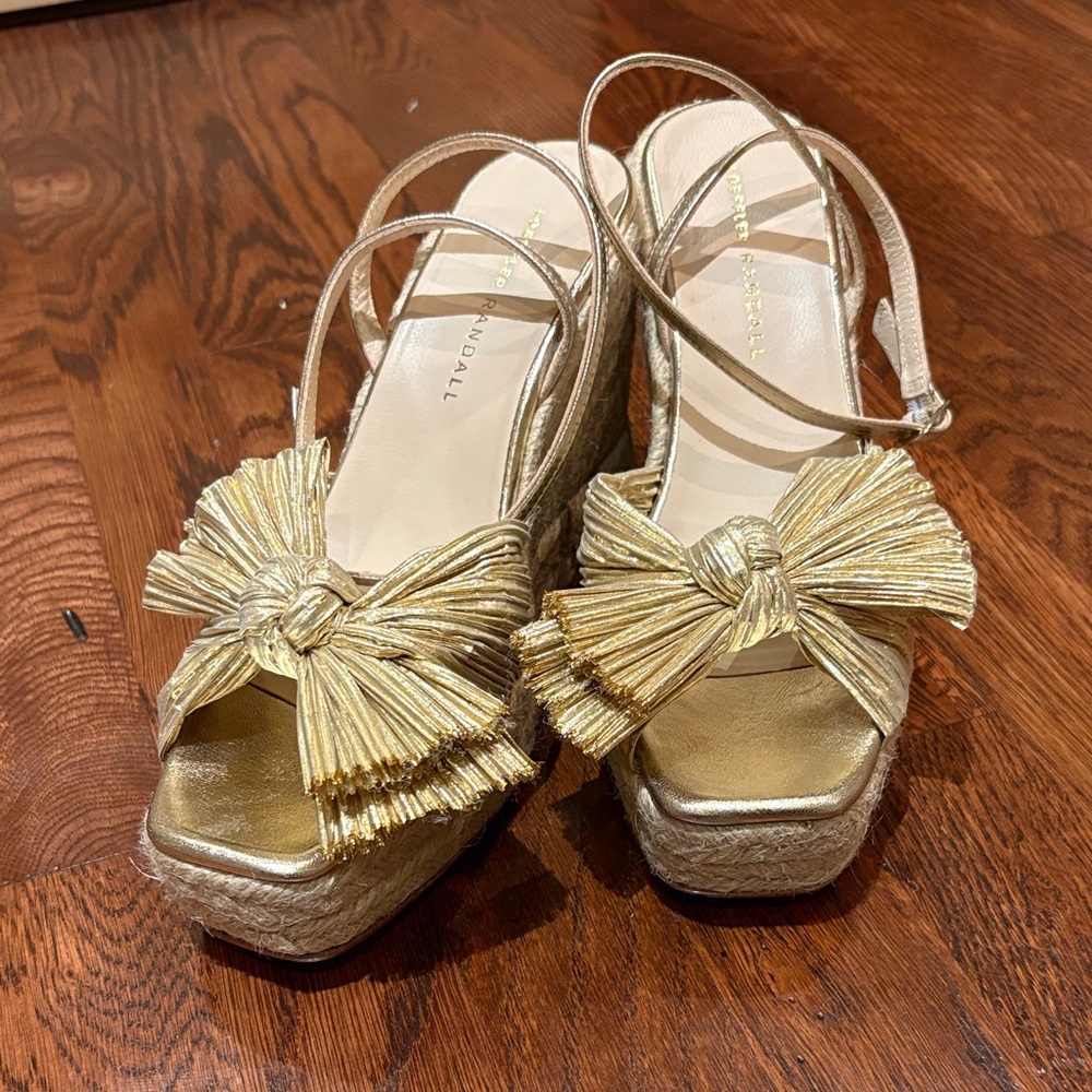 Loeffler Randall Peri Gold Bow Espadrille Wedge Sandals